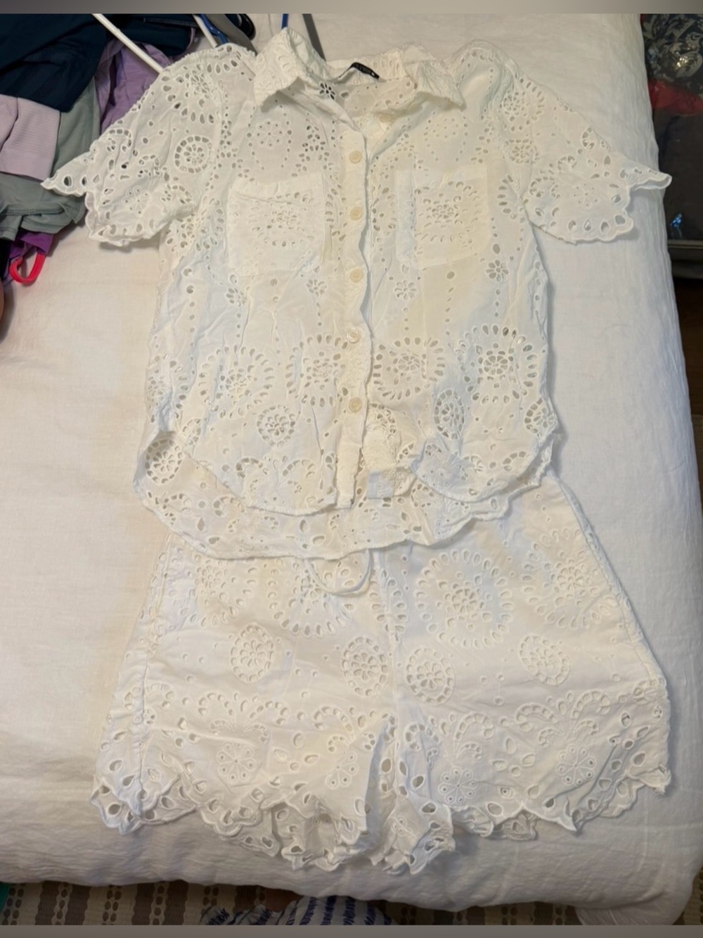 White Eyelet Button-Up Shirt and Short Set